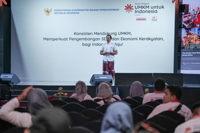 Sesi workshop untuk UMKM dengan tema Tambah Teman, Tambah Maju Ala Paguyuban pada ajang Pesta Rakyat UMKM Untuk Indonesia di Jakarta, Senin (22/7/2024).