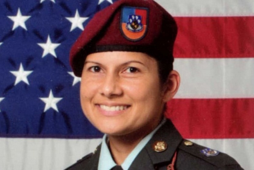 Sgt. 1st Class Naida Hosan is shown in this undated US Army photo provided by Sgt. Nova. With her family name emblazoned on her uniform, the sergeant says she was routinely the target of derogatory remarks from other soldiers who mistakenly assumed she is 