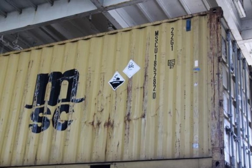 Signs are seen on one of the containers carrying precursors to sarin gas on the deck of the Ark Futura, in the Eastern Mediterranean Sea May 13, 2014.