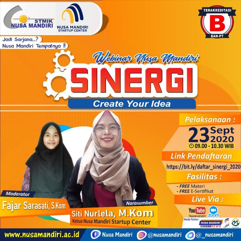 Siti Nurlela, ketua Nusa Mandiri Startup Center (NSC) menjadi narasumber webinar SINERGI.