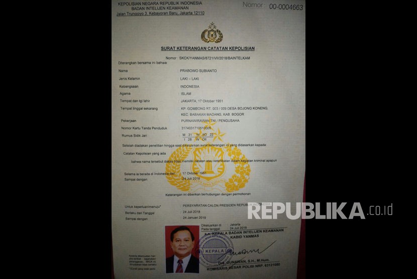 SKCK Prabowo Subianto untuk mendaftar sebagai Calon Presiden Republik Indonesia. 