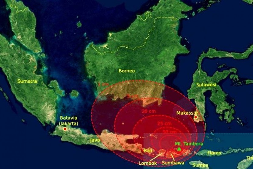 Skema radius letusan Gunung Tambora pada 1815 silam.