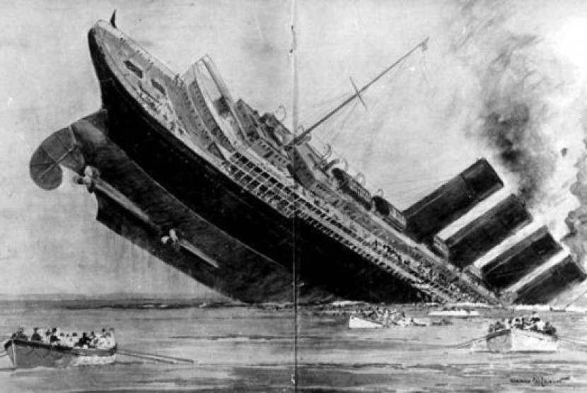 Sketsa tenggelamnya kapal Inggris Lusitania kapal selam Jerman di lepas pantai selatan Irlandia, 7 Mei 1915 saat Perang Dunia I.