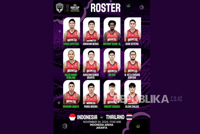 Skuad timnas basket putra Indonesia melawan Thailand pada laga keempat Grup A Kualifikasi FIBA Asia Cup 2025 Arab Saudi, Ahad (24/11/2024) di Indonesia Arena, Senayan, Jakarta.