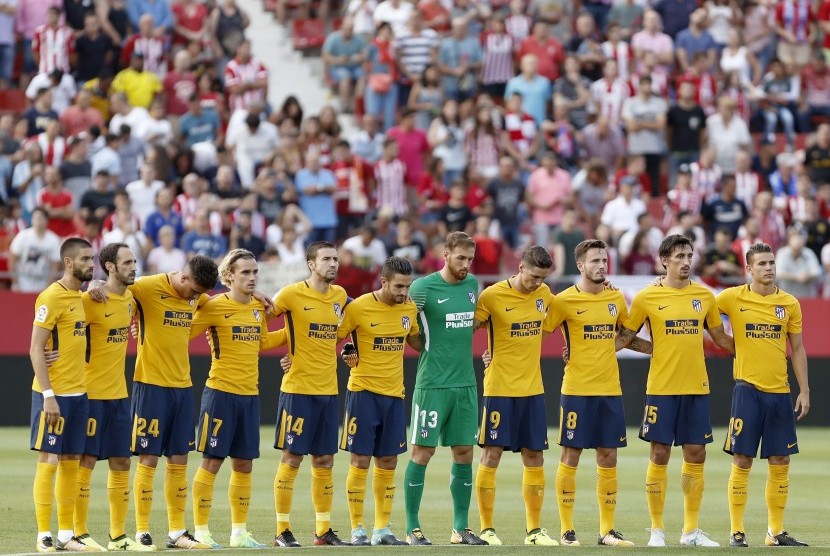 Skuat Atletico Madrid sebelum laga La Liga lawan Girona FC di Stadion Municipal Montilivi, Ahad (20/8) dini hari WIB. Laga berakhir imbang 2-2.