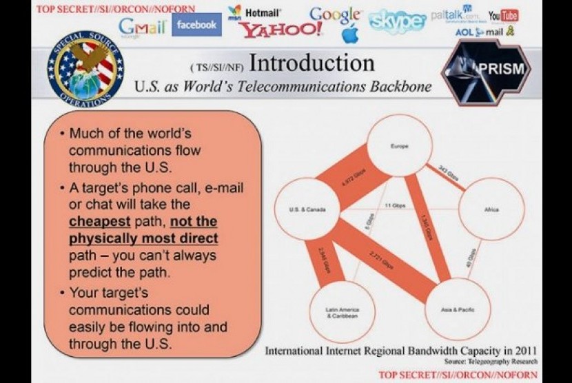 Slide ke-2 presentasi mengenai program PRISM, operasi intelijen mata-mata internet NSA, yang diserahkan Edward Snowden kepada Washington Post dan Guardian