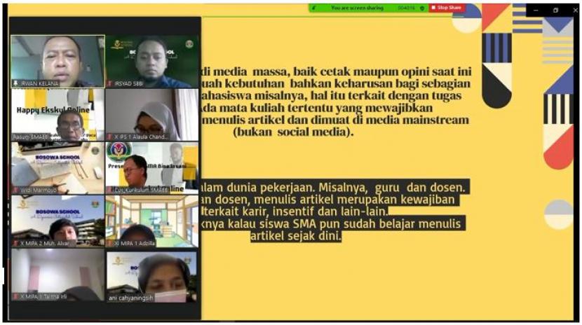 SMA Bosowa Bina Insani Bogor kembali melaksanakan  kegiatan Happy Ekskul Online, Rabu (24/3). Kali ini, pesertanya adalah para siswa yang memilih ekskul Menulis Artikel.
