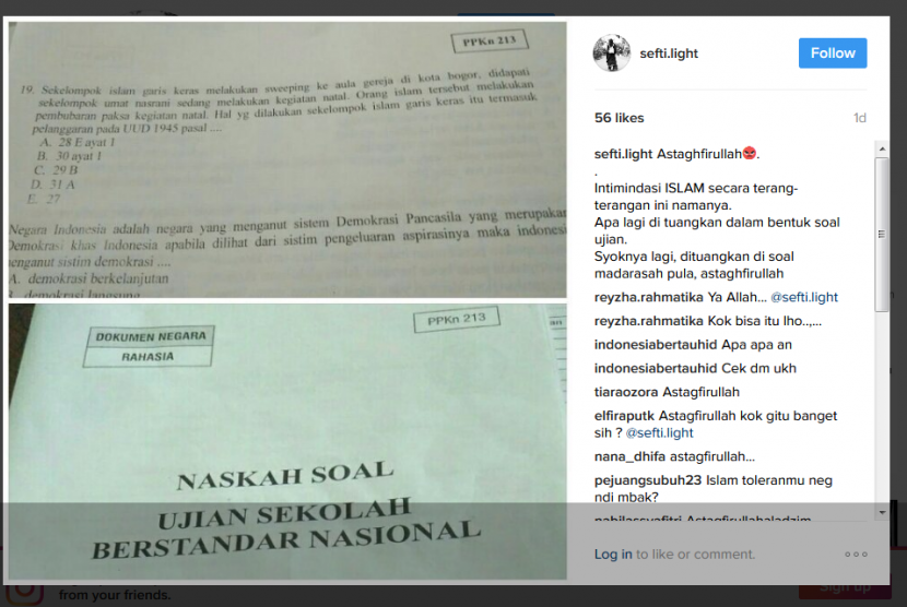 Soal PKn Ujian Sekolah Berstandar nasional (USBN) yang menyudutkan umat Islam. (ilustrasi)