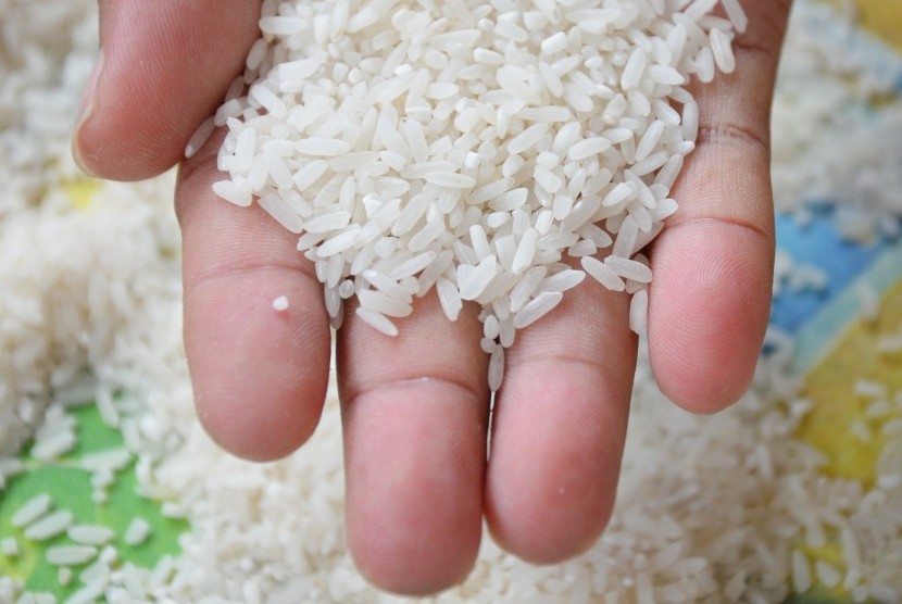  Sofyan (37) menunjukkan beras yang diduga beras plastik di kelurahan Dasan Agung, Mataram, NTB, Selasa (26/5). 