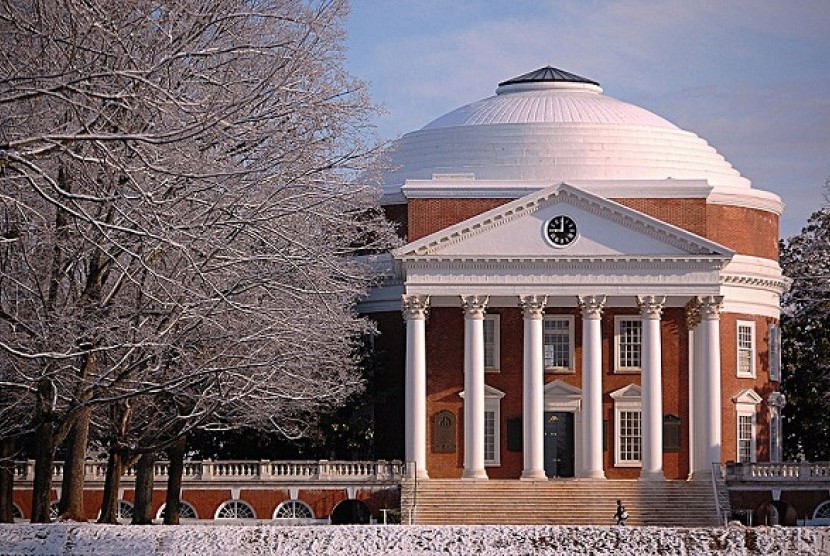 Some 80 percent of US college students attend public universities such as the University of Virginia, founded by Thomas Jefferson. (illustration)