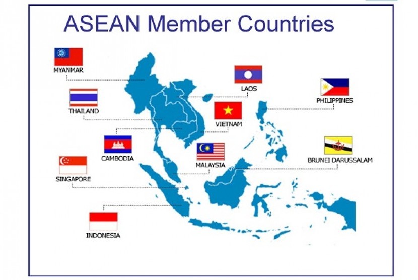  Peta negara-negara ASEAN. Sengketa Laut Cina Selatan saat ini melibatkan enam negara yakni Cina, Taiwan dan empat negara anggota ASEAN yaitu Vietnam, Filipina, Malaysia, dan Brunei.