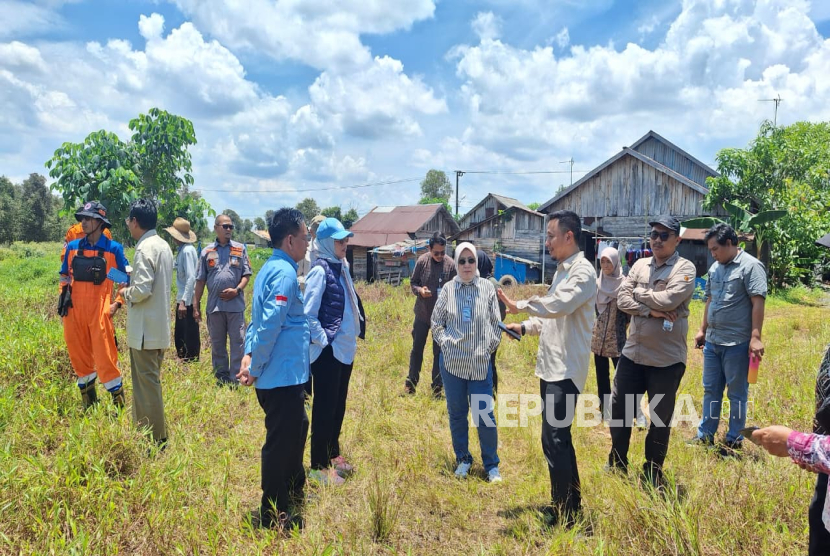 Staf Ahli Menteri Lingkungan Hidup Dr Hanifah Dwiwarna dan jajaran didampingi pelaksana lapangan penanggulangan karhutla dari BPBD Kalsel melihat langsung kondisi karhutla di daerah Liang Anggang Pengayuan Banjarbaru, Kamis (25/9/2025).