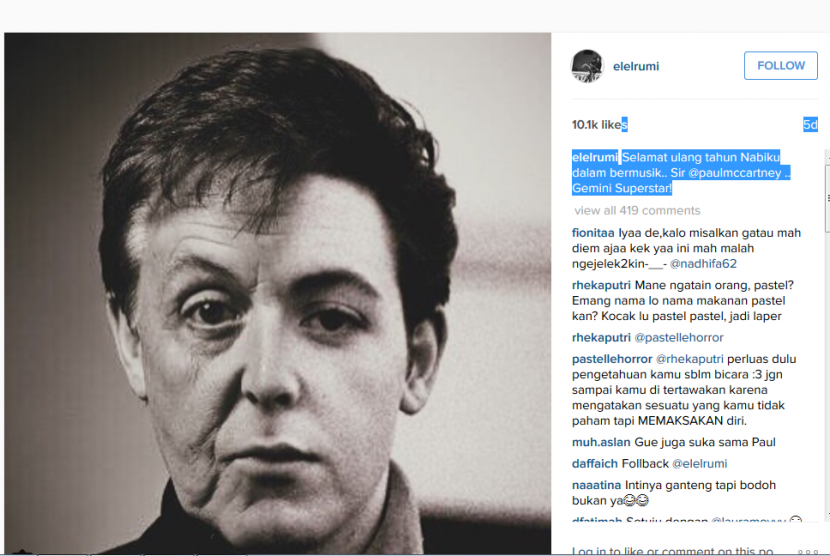 Status Instagram El Jallaludin Rumi tentang Paul McCartney.