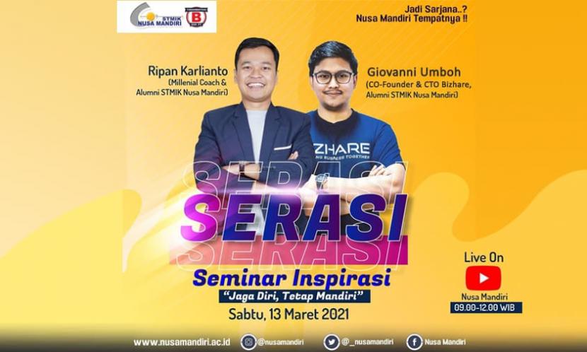 STMIK Nusa Mandiri akan menggelar Seminar Insopirasi (Serasi) untuk mahasiswa baru, Sabtu (13/3).