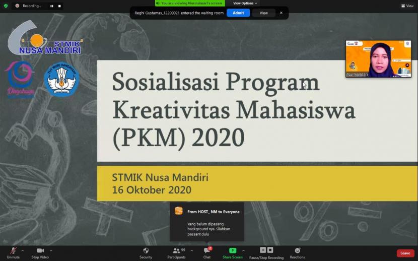 STMIK Nusa Mandiri mengadakan sosialisasi dan edukasi Program Kreativitas Mahasiswa (PKM) 2020.
