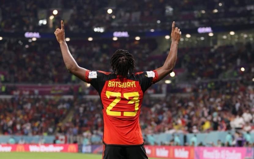 Striker Belgia, Michy Batshuayi merayakan gol ke gawang Kanan pada laga Grup F Piala Dunia 2022, Kamis (24/11/2022) dini hari WIB. 
