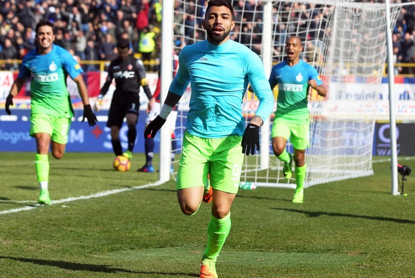 Striker Inter Milan, Gabriel Barbosa seusai mencetak gol ke gawang Bologna pada laga Serie A di Renato Dall'Ara pada akhir pekan lalu.