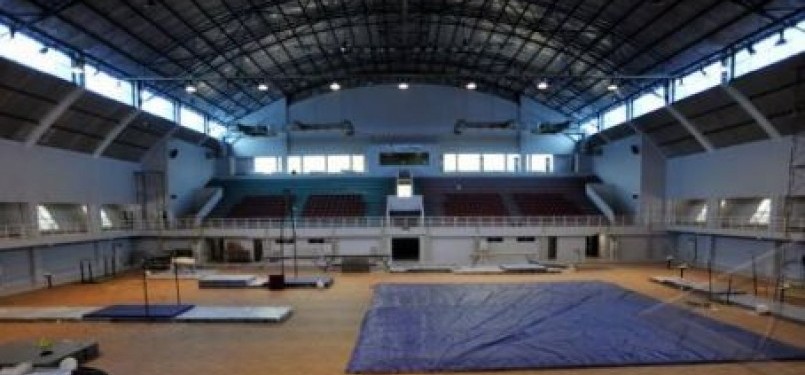 Suasana arena cabang olah raga senam Sea Games XXVI di Kompleks Olah Raga Jakabaring, Palembang, Selasa (18/10).