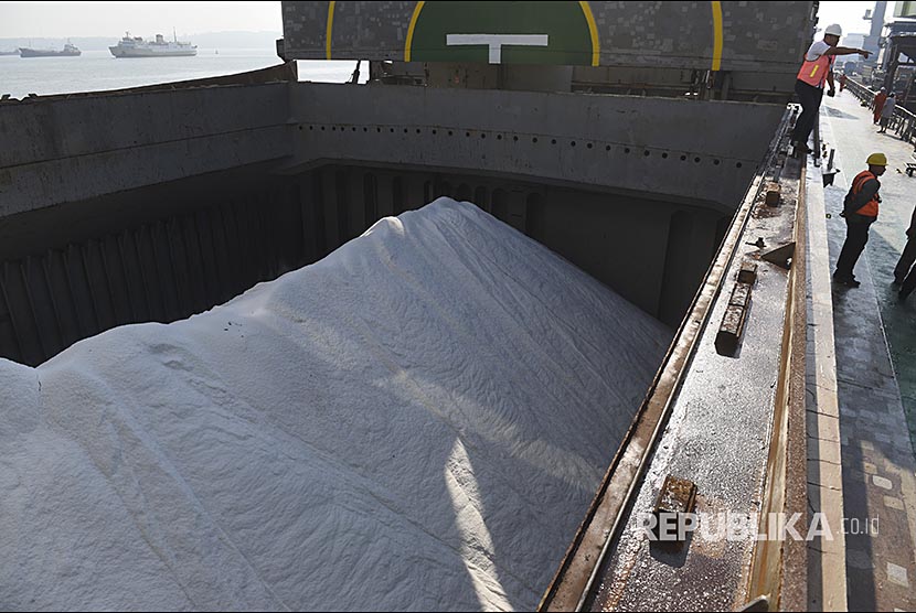 Suasana bongkar muat garam impor dari Kapal MV Golden Kiku ke truk pengangkut di Pelabuhan Tanjung Perak, Surabaya, Jawa Timur (foto ilustrasi). Pemerintah akan membuka kembali keran impor garam.