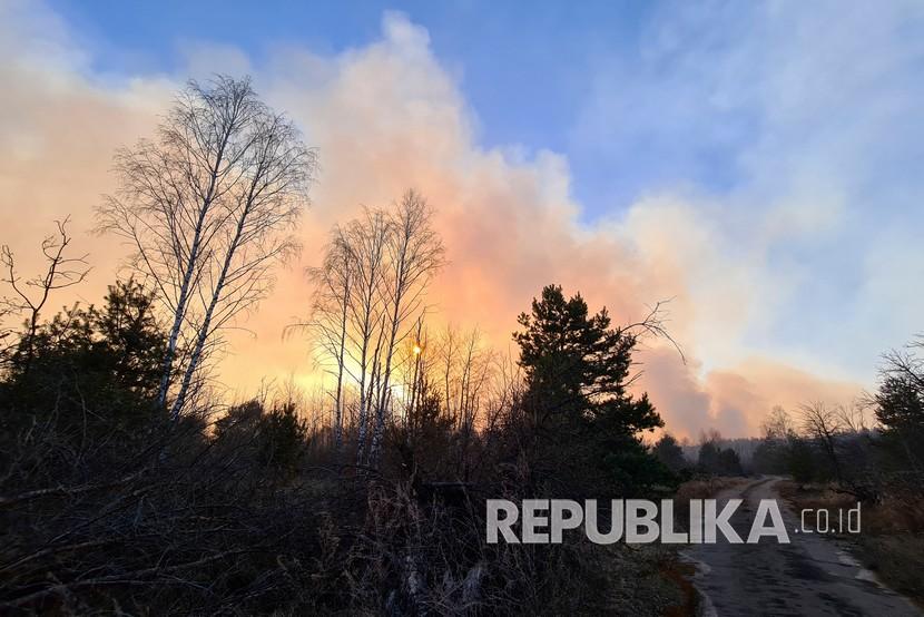 Suasana Kebakaran hutan yang terjadi di zona eksklusif sekitar pembangkit listrik tenaga nuklir Chernobyl di dekat desa Volodymyrivka, Ukraina, Ahad (5/4). 