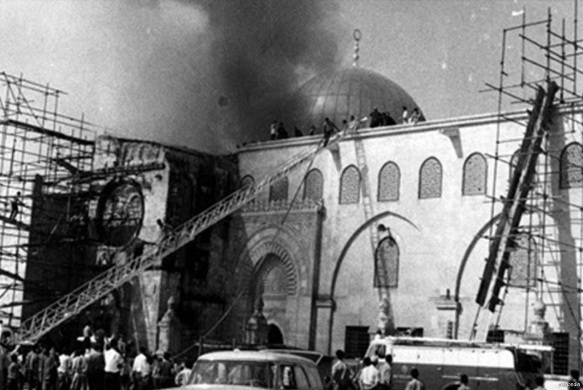 Suasana kebakaran Masjid Al-Aqsha pada 21 Agustus 1969.