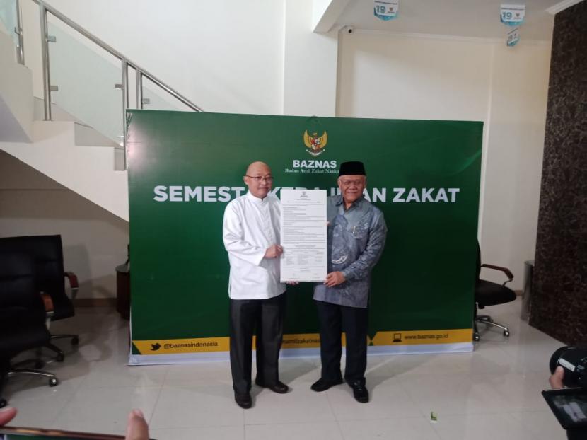 Suasana konferensi pers Badan Amil Zakat Nasional (Baznas) soal pembukaan lelang jabatan Direktur Penghimpunan Zakat, di Baznas, Jakarta, Jumat (6/3). 