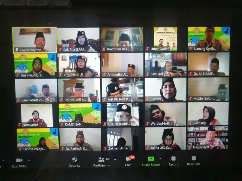 Suasana Musyawarah Nasional ke-1  Forum Pembina Pramuka PTKIN se-Indonesia secara virtual pada Sabtu (17/10).