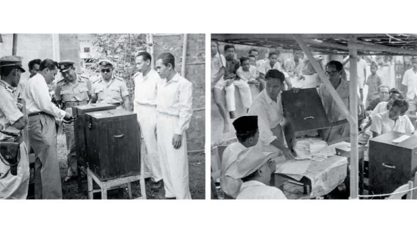 Suasana pemungutan suara di Pemilu pertama Indonesia, 1955. 