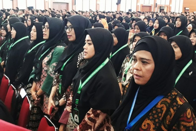 Suasana penutupan pembekalan terintegrasi petugas haji 2019 di Asrama Haji Pondok Gede Jakarta, Kamis (2/5).