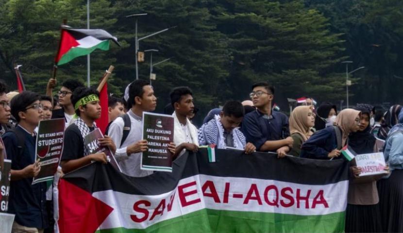 Suasana penyelenggaraan Universitas Indonesia (UI) Palestine Solidarity Camp di Kota Depok, Jawa Barat, Jumat (3/5/2024).