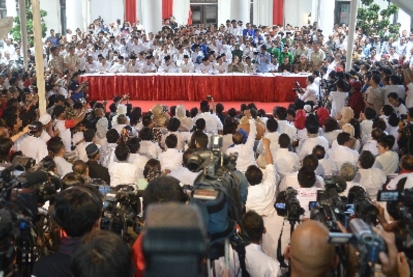 Suasana Rumah Polonia saat deklarasi pasangan Prabowo Subianto-Hatta Rajasa pada Senin (19/5).