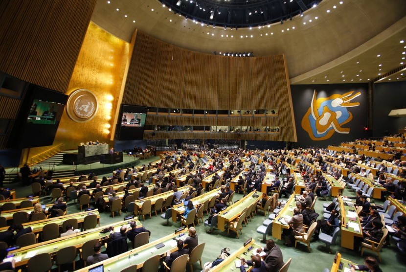 Suasana sidang Majelis Umum PBB sebelum pemungutan suara terhadap resolusi yang menentang pengakuan sepihak AS atas Yerusalem sebagai ibu kota Israel, Kamis (21/12).