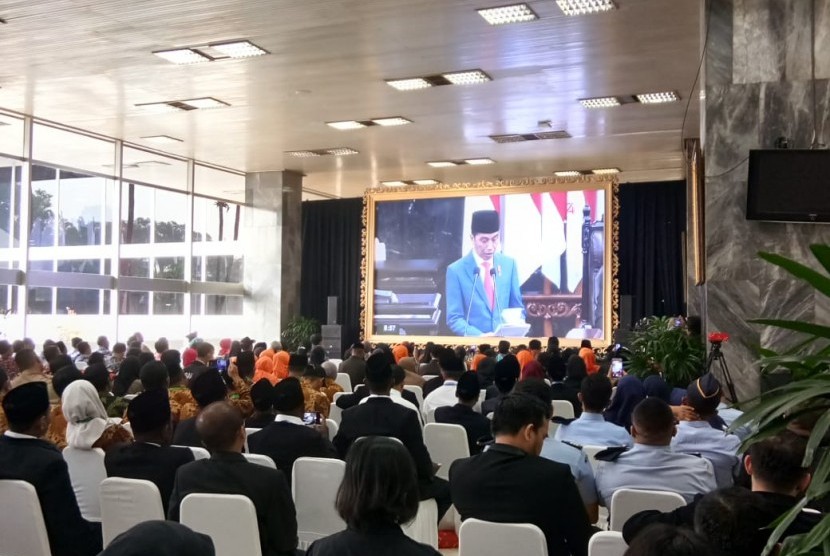 Suasana Sidang Tahunan MPR-RI Tahun 2019 di Gedung Nusantara III, Kompleks Parlemen, Senayan Jakarta, Jumat (16/8). 