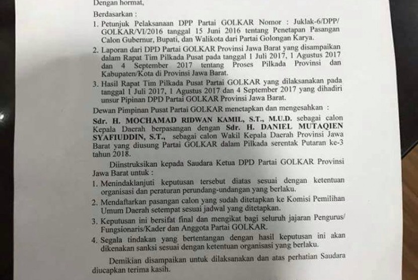 Surat edaran DPP Golkar mendukung Ridwan Kamil sebagai calon gubernur Jawa Barat.