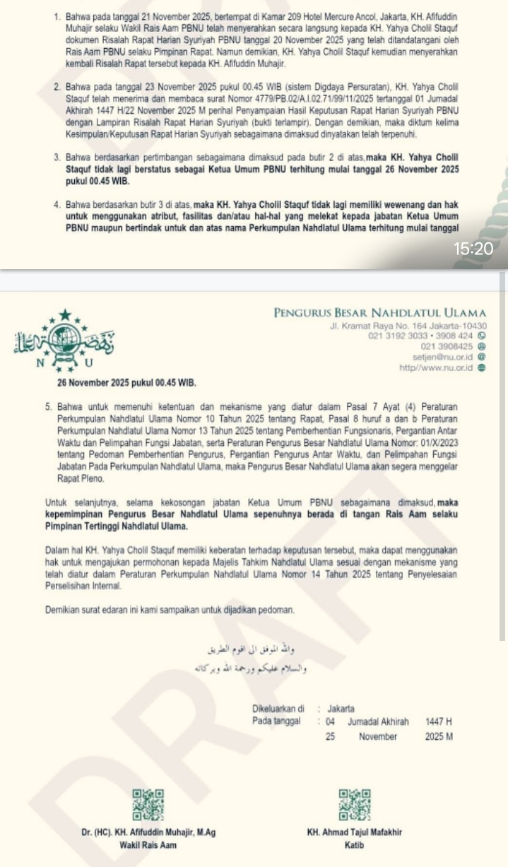 Surat Edaran Katib Syuriah PBNU soal diberhentikannya Ketua Umum PBNU KH Yahya Cholil Staquf yang beredar pada Rabu (26/11/2025).