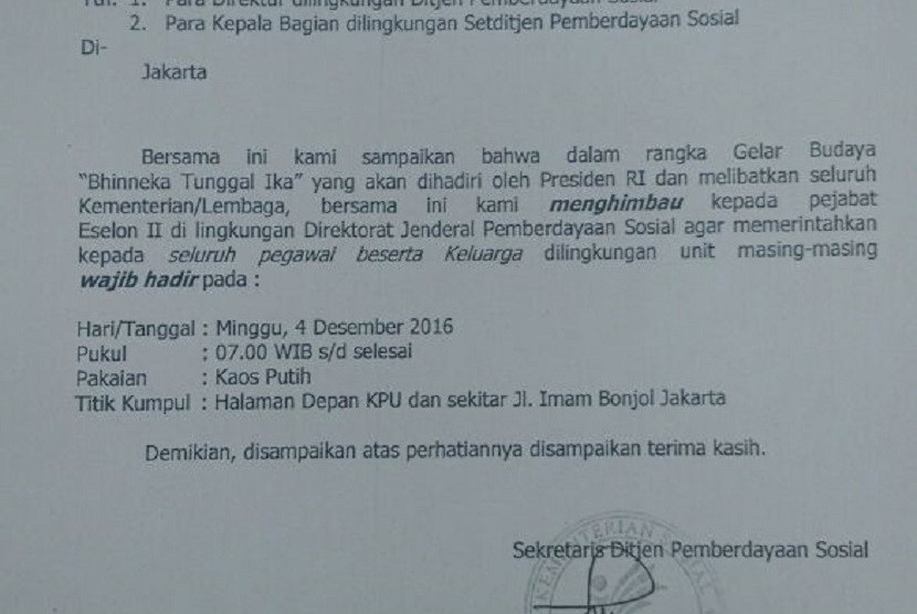 Surat edaran Kementerian Sosial yang berisi imbauan untuk mengikuti Gelar Budaya Bhinneka Tunggal Ika di Jakarta pada Ahad (4/12).