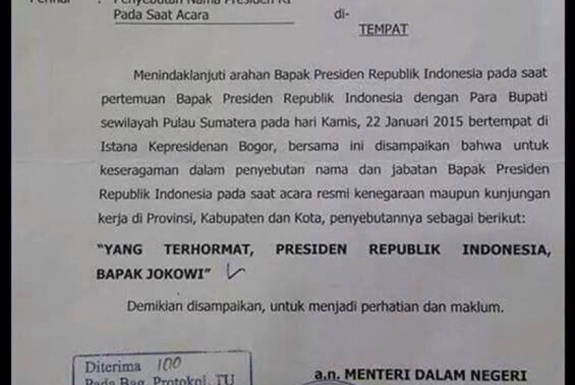 Surat edaran Mendagri terkait penyeragaman penyebutan Presiden Jokowi