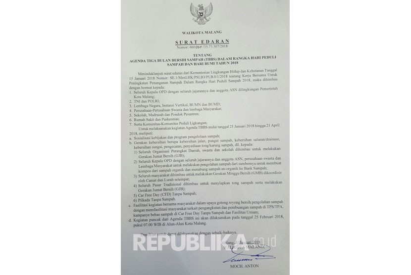 Surat Edaran Walikota Malang terkait Agenda Tiga Bulan Bersih Sampah (TBBS). 