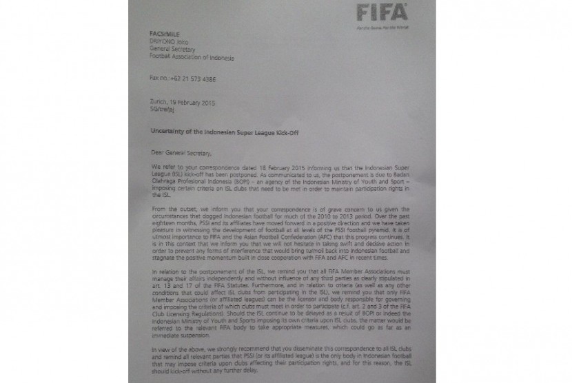 Surat FIFA kepada PSSI terkait kompetisi ISL 2015.