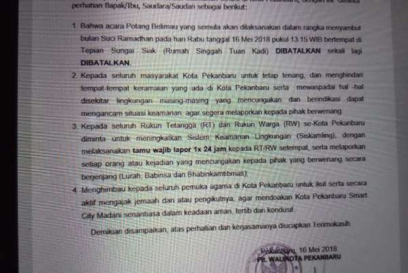 Surat imbauan PLT Wali Kota Pekanbaru.