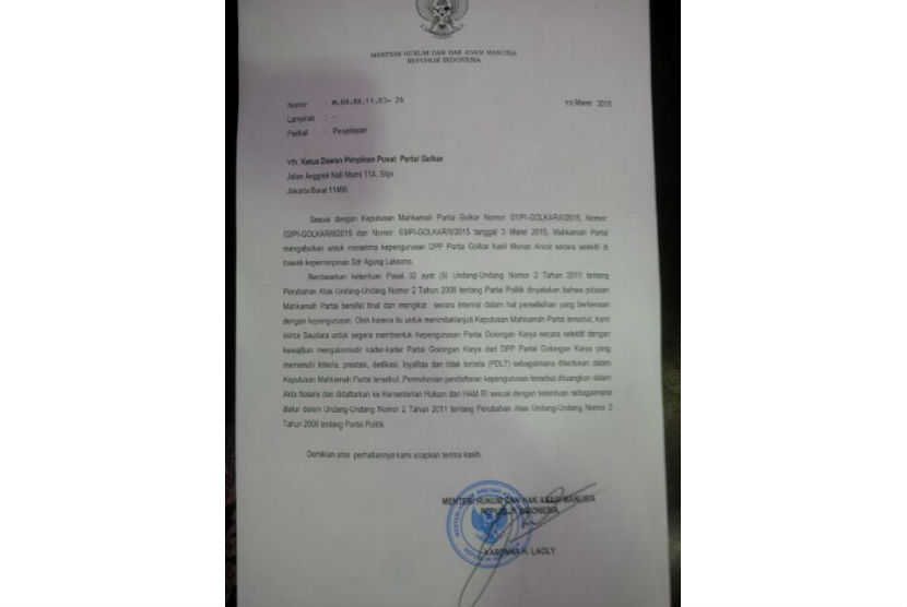 Surat Kemenkumham soal penjelasan kepengurusan DPP Partai Golkar yang sah