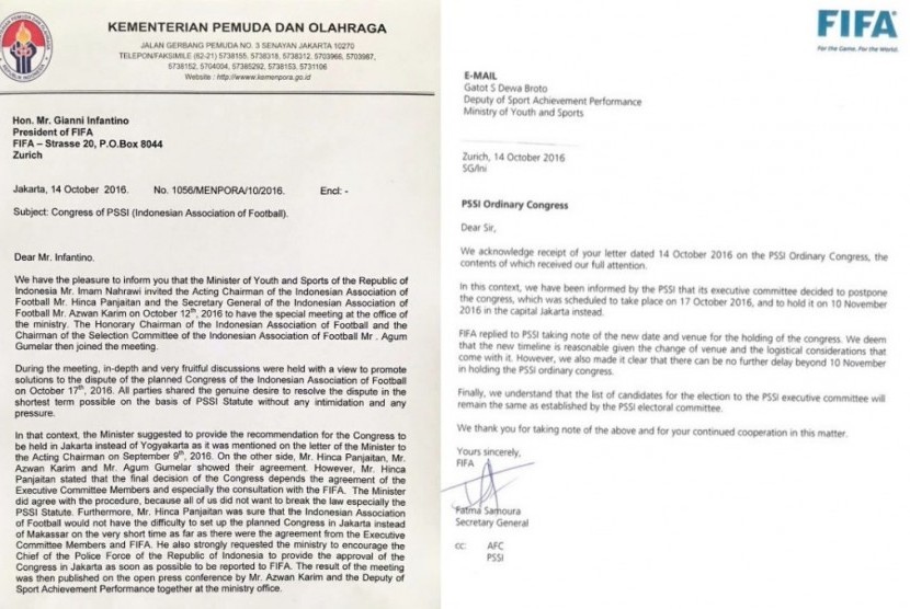 Surat Kemenpora kepada FIFA dan balasan dari FIFA terkait lokasi Kongres PSSI 2016.