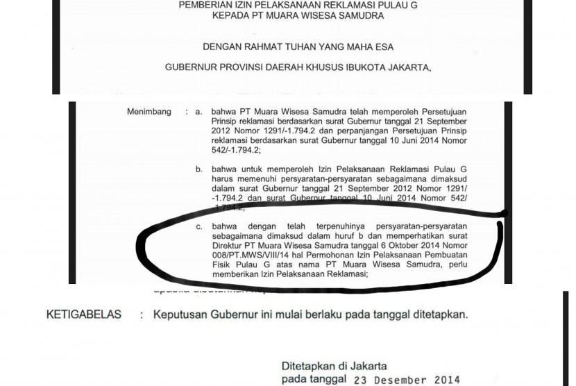 Surat Keputusan Ahok soal Izin Pelaksanaan Reklamasi Pulau G. Dalam salah satu isinya mencantumkan informasi bahwa permohonan izin pelaksanaan proyek reklamasi Pulau G baru dilayangkan PT Muara Wisesa Samudra Per 6 Oktober 2014