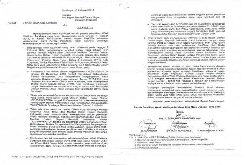 Surat Panitia Pemilihan Wakil Wali Kota Surabaya Sisa Masa Jabatan 2010-2015