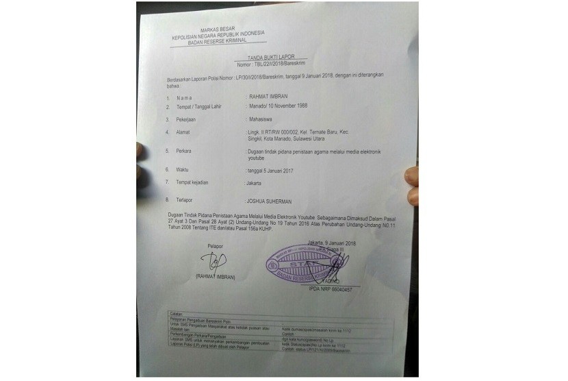 Surat pelaporan terhadap Joshua.