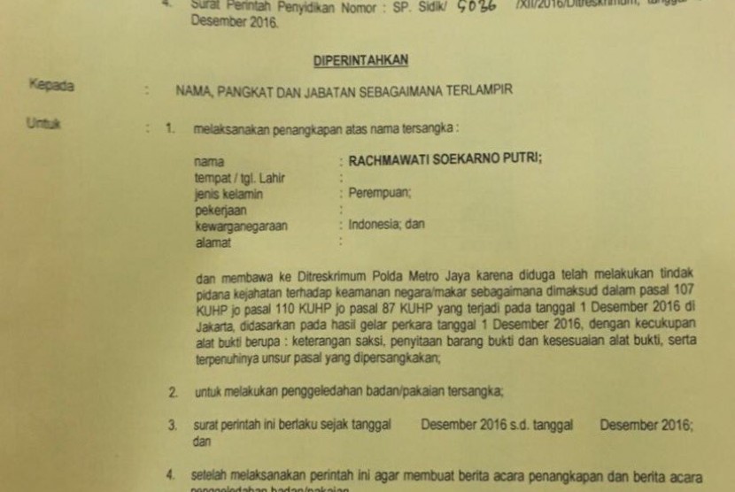 Arrest warrant letter of Rachmawati Soekarnoputri. 