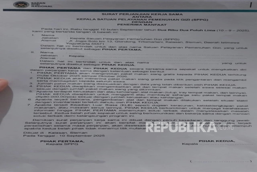 Surat perjanjian kerja sama antara Satuan Pelayanan Pemenuhan Gizi (SPPG) dan penerima manfaat program Makanan Bergizi Gratis (MBG) yang beredar di media sosial. 
