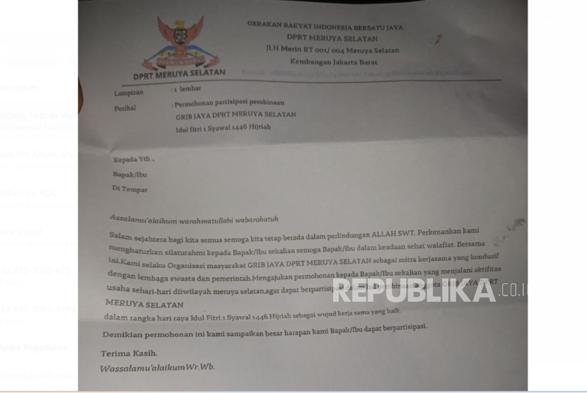 Surat permintaan dari ormas kepada pelaku usaha untuk pemberian 