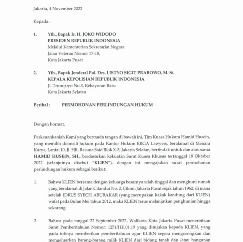Surat permohonan perlindungan hukum kepada Presiden Jokowi dan Kapolri Jenderal Listyo Sigit Prabowo.