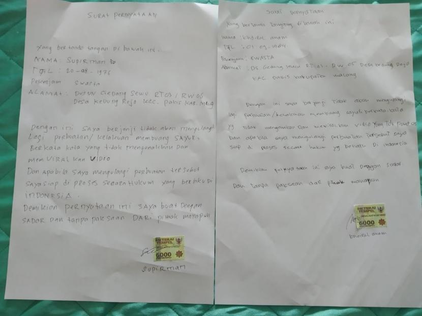 Surat pernyataan dari para pedagang yang membuang sayuran ke sungai akibat PSBB di Malang.